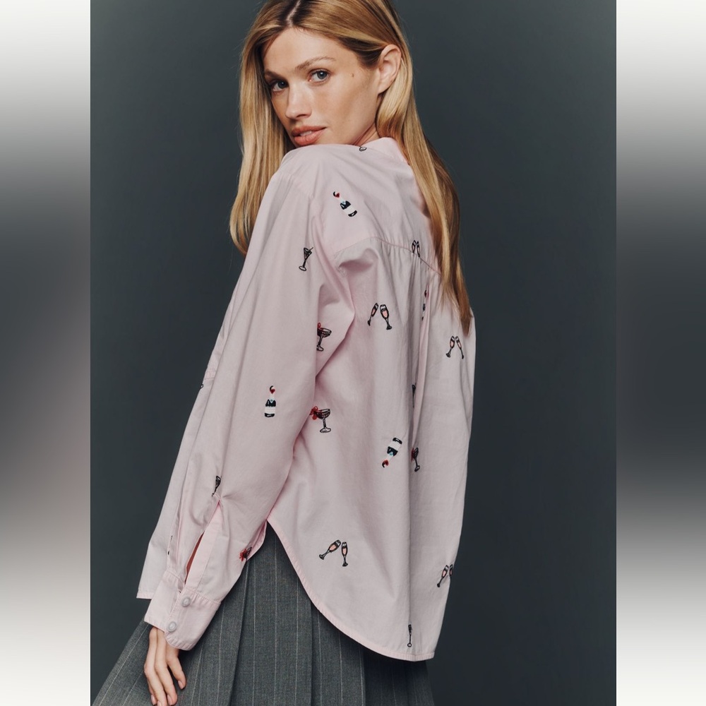 The Shrunken Bennett Buttondown Pink ‘Drinks’ Shirt By Maeve Size L